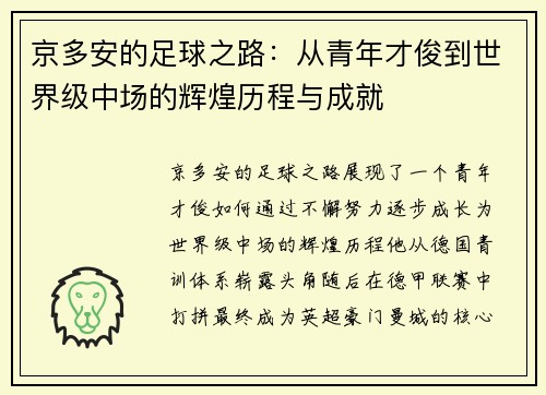 京多安的足球之路：从青年才俊到世界级中场的辉煌历程与成就